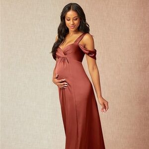 Flowy Off-The-Shouler Pleated Stretch Satin Long Dress Terracotta